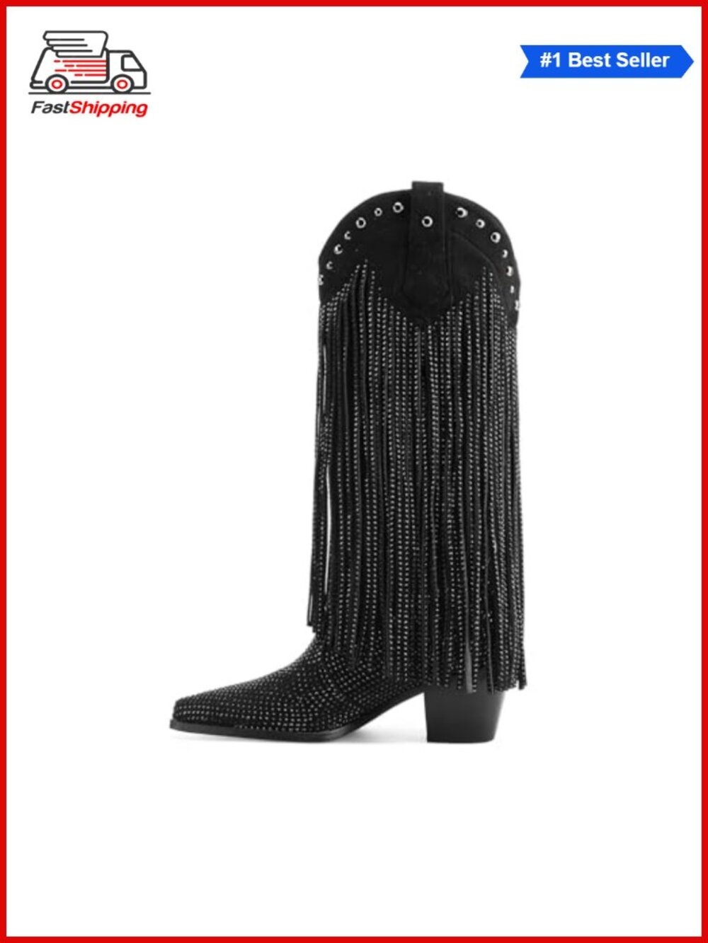 ✨ Rhinestone Fringe Faux Leather Cowboy Boots Pointed Toe Chunky Heel Knee High